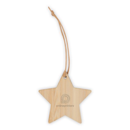 Houten ster hanger met een touwtje om op te hangen.