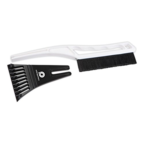 Witte plastic ijskrabber met afneembare schraper en borstel.