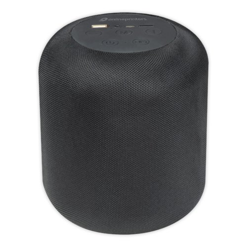 Zwarte Bluetooth-luidspreker met bediening en USB-poort.