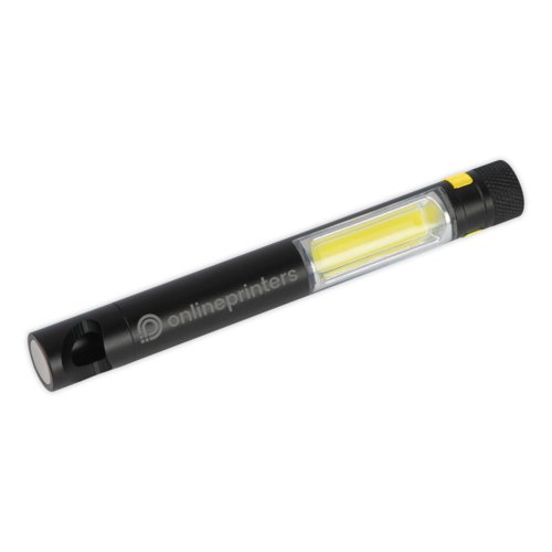 Zwarte metalen COB zaklamp met flesopener.