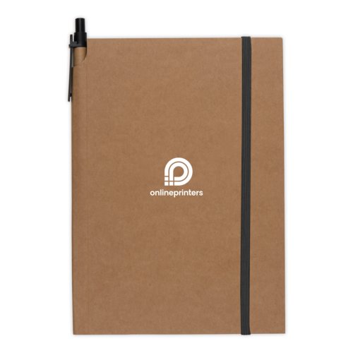 Bruin notitieboek met elastiek en pennenlus.