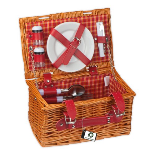 Natuurkleurige rieten picknickmand met draagbeugel.