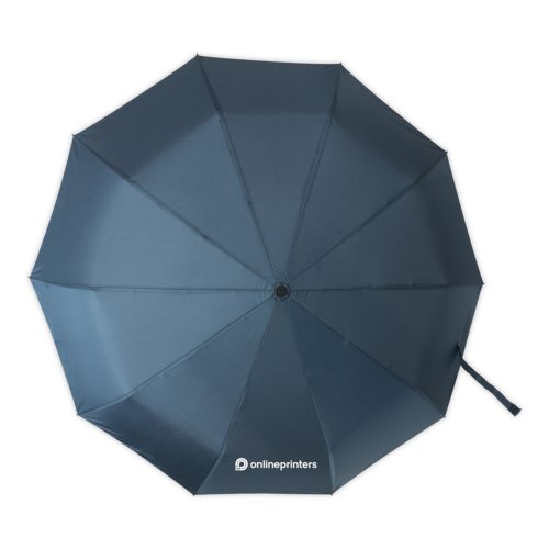Donkerblauwe automatische zakparaplu met hoes en handvat.