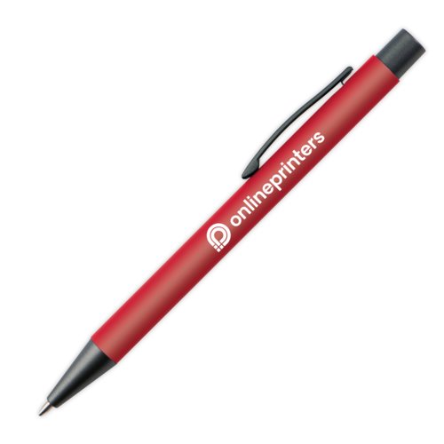 Bordeauxrode metalen balpen met clip en drukknop.