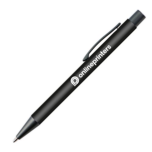 Zwarte balpen met clip en drukmechanisme.