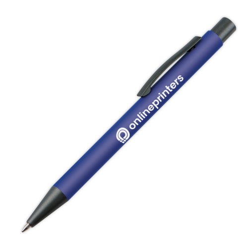Blauwe kunststof balpen met clip en drukmechanisme.