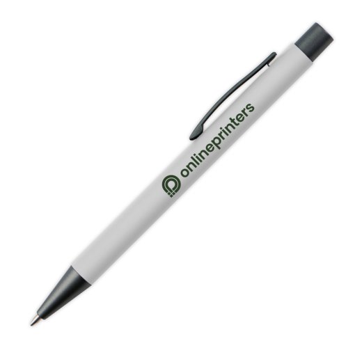 Witte balpen met clip en drukmechanisme.