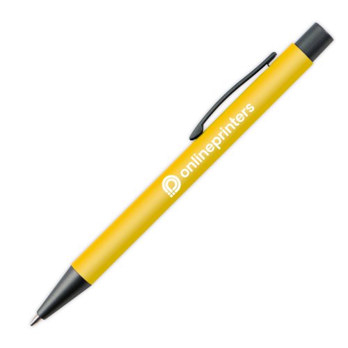 Gele plastic balpen met clip en drukknop.