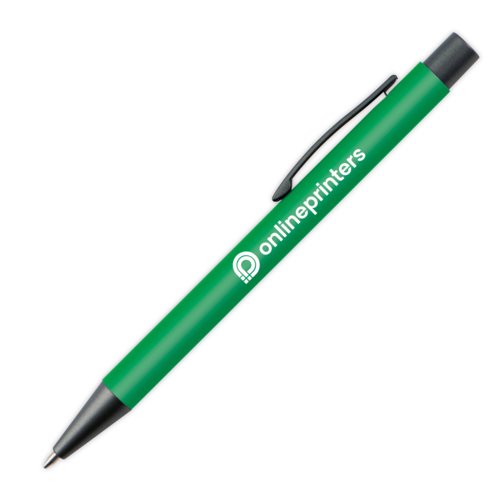 Groene kunststof balpen met clip en drukknop.