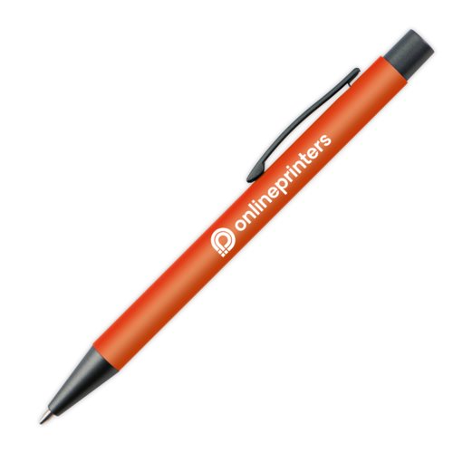 Oranje plastic balpen met clip en drukknop.