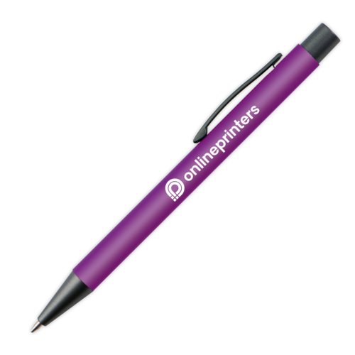 Paarse plastic balpen met clip en drukknop.