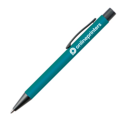 Turkooizen plastic balpen met clip en drukknop.
