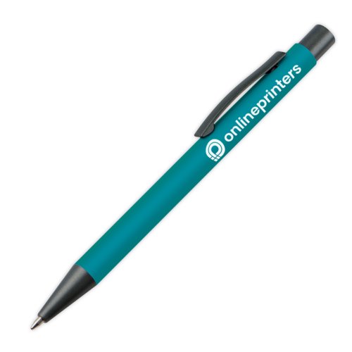 Turkooizen balpen met patroon, clip en drukmechanisme.