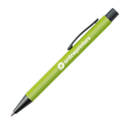 Appelgroene plastic balpen met clip en drukknop.