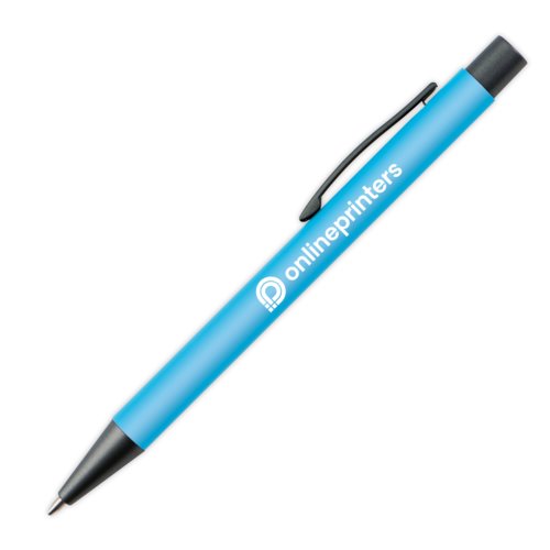 Lichtblauwe balpen met clip en drukmechanisme.