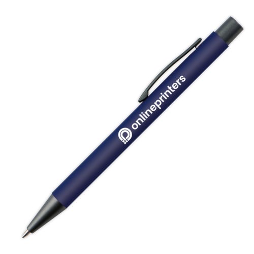 Donkerblauwe plastic balpen met patroon en clip.