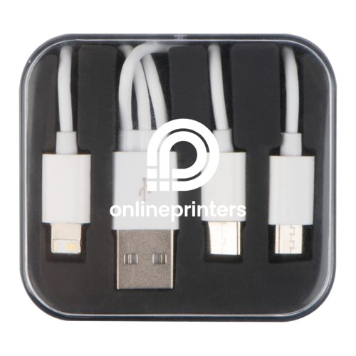 Witte 3-in-1 USB-oplaadkabel met meerdere connectoren.