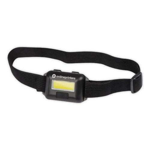 Zwarte plastic hoofdlamp met verstelbare band.