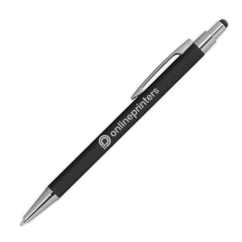 Zwarte metalen balpen met touchscreenfunctie en clip.