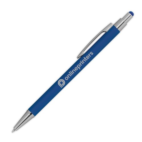 Blauwe metalen balpen met touchfunctie en clip.