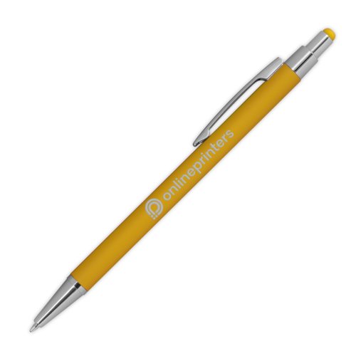 Gele metalen balpen met touchfunctie en clip.