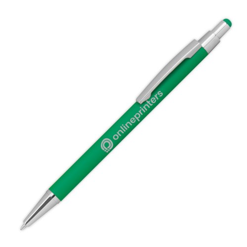 Groene metalen balpen met touchfunctie en clip.