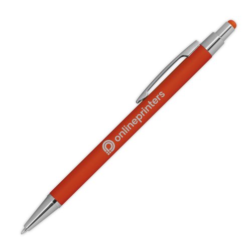 Oranje metalen balpen met touchfunctie en clip.