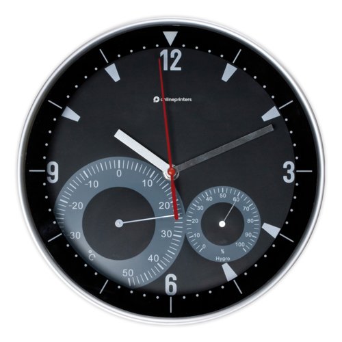 Zwarte wandklok met analoge weergave en gentegreerde thermo-hygrometer.