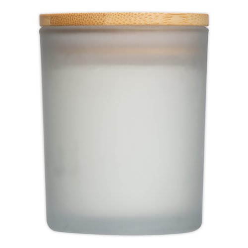 Witte kaars in glas met houten deksel.