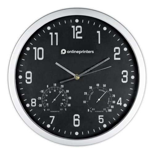 Zwarte wandklok met thermometer en hygrometer.