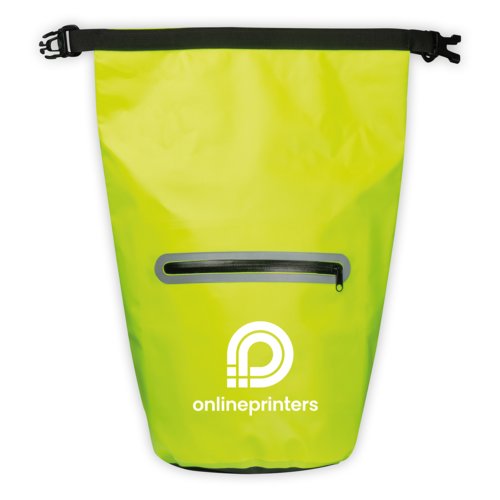 Gele, waterdichte tas met rolsluiting en buitenvak.