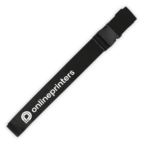 Zwarte, verstelbare bagageband met patroon en kliksluiting.
