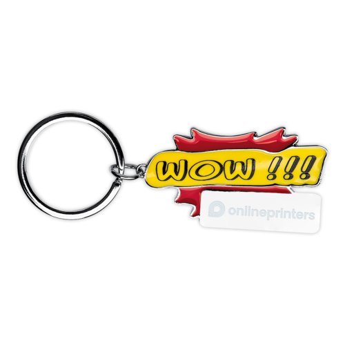 Rode metalen sleutelhanger in stripstijl met ring.