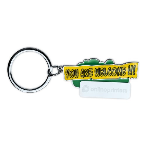 Groene kunststof sleutelhanger met metalen ring.