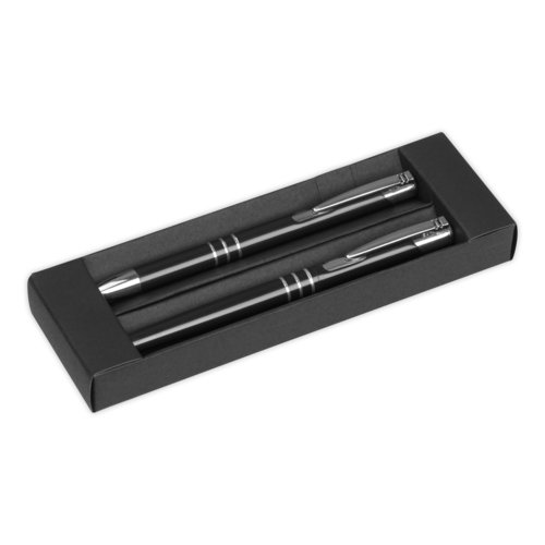Zwarte schrijpset met balpen en pennenhouder.