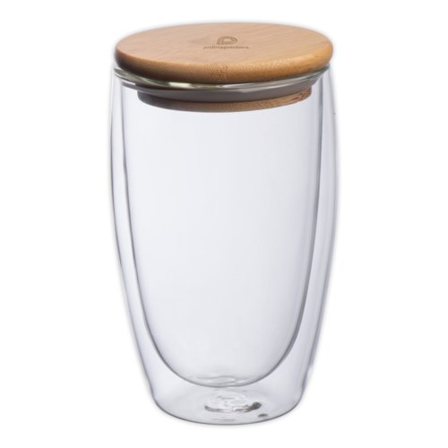 Dubbelwandig glas met houten deksel.