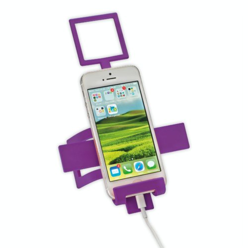 Paarse telefoonhouder met vierkant frame.