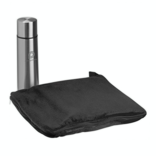 Zwart fleece deken met rits en metalen thermosfles.
