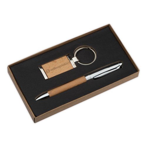Houten en metalen geschenkset met balpen en sleutelhanger.