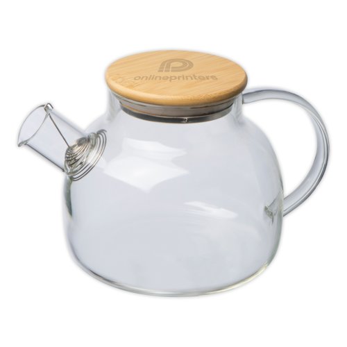 Transparante glazen theepot met bamboe deksel en handvat.
