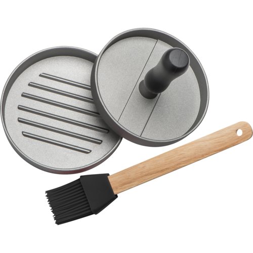 Zwarte metalen burgerpers met siliconen borstel.