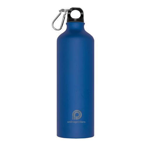 Blauwe metalen drinkfles met karabijnhaak.
