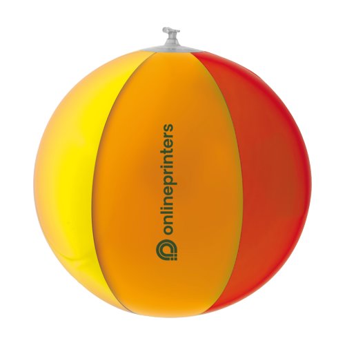 Meerkleurige plastic strandbal met opblaasbaar ontwerp.