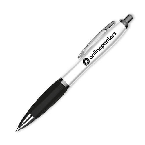 Zwarte plastic balpen met patroon, clip en drukmechanisme.