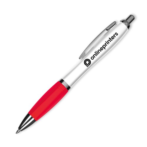 Rode plastic balpen met clip en drukmechanisme.