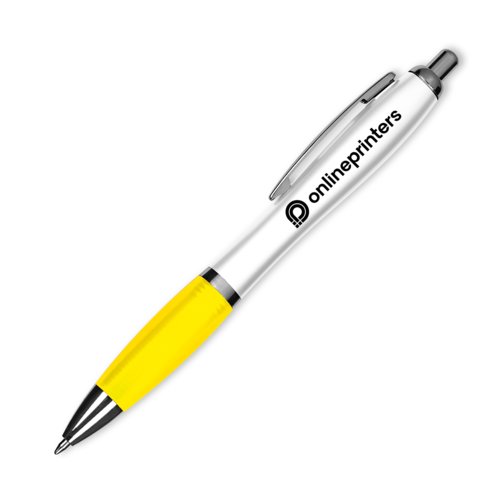 Gele plastic balpen met clip.