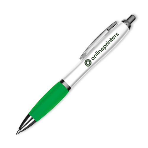 Groene plastic balpen met clip en drukknop.