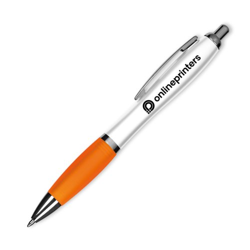 Oranje plastic balpen met clip en drukknop.