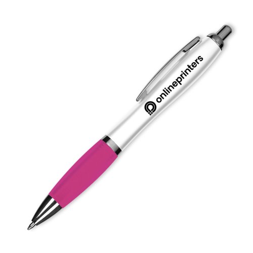 Roze plastic balpen met clip en drukmechanisme.