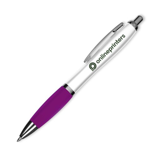 Paarse plastic balpen met clip en drukmechanisme.